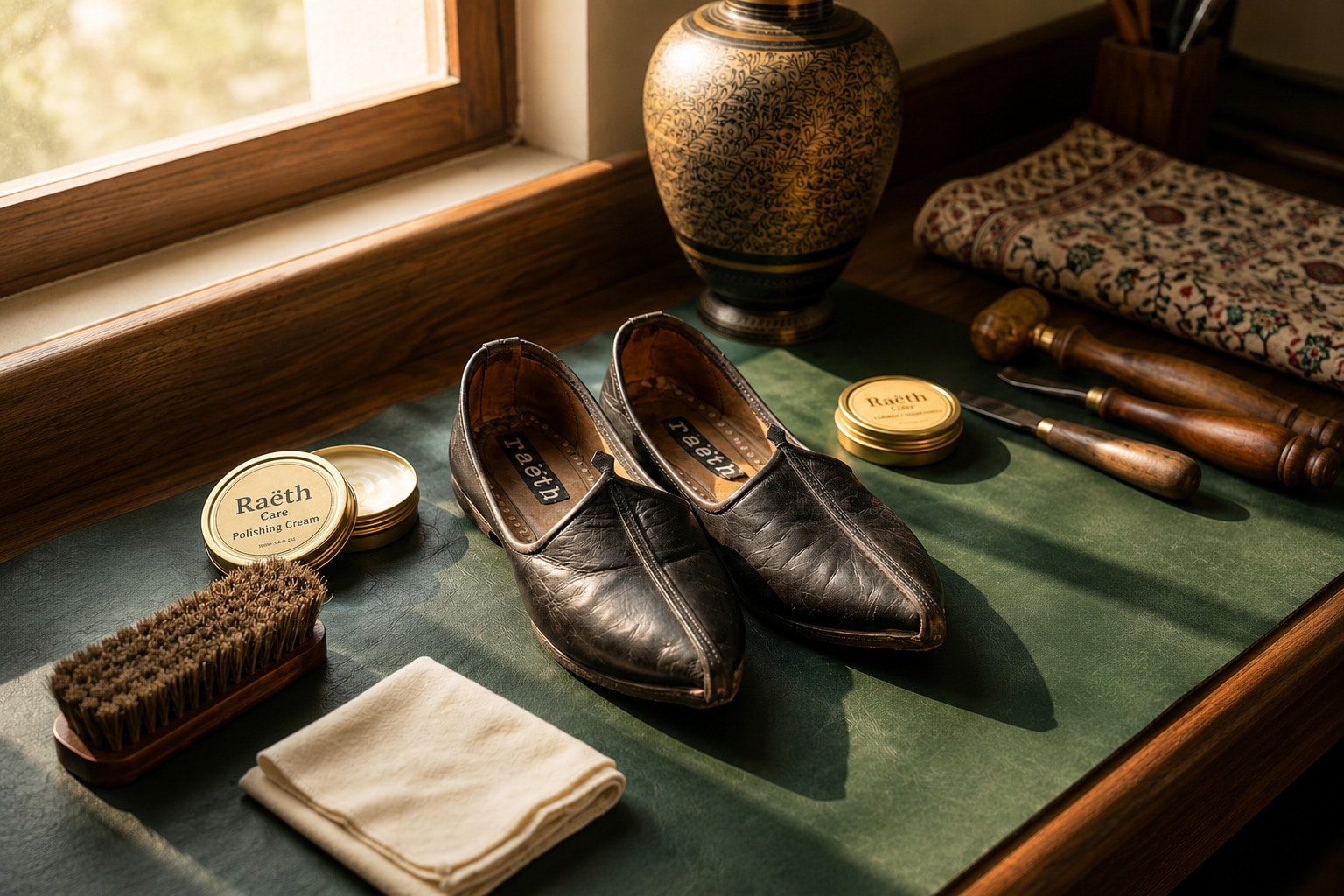 Well-worn leather juttis with care tools