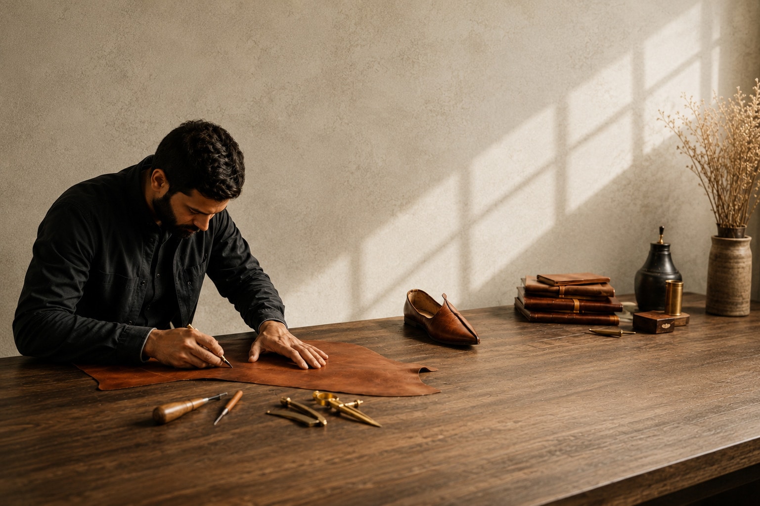 An artisan marking leather for a bespoke jutti