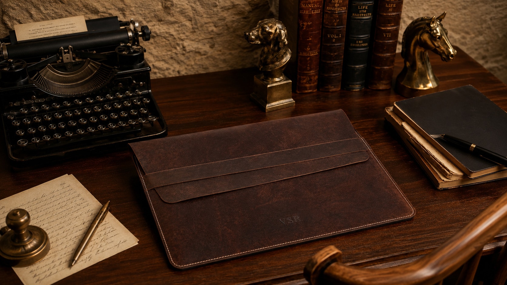 Blind embossed initials on a leather laptop sleeve
